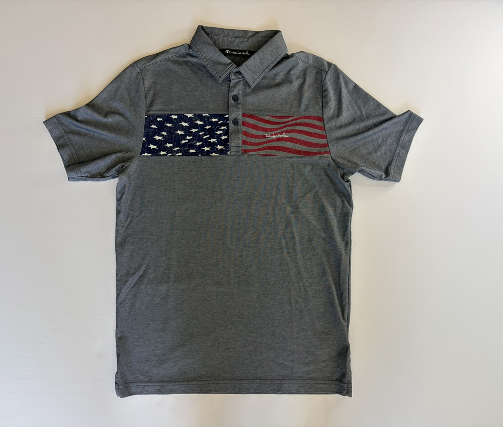 TravisMathew American Flag Polo Shirt Gray Short Sleeve Size S
